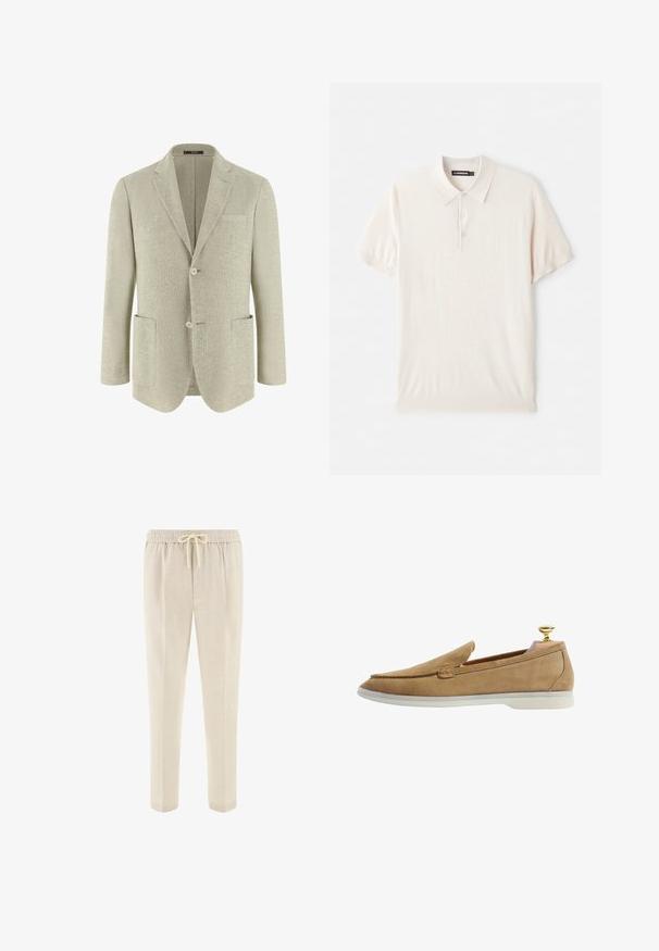 Blazer pour homme beige clair avec revers crantés, deux poches plaquées à l'avant et deux boutons, présenté sur un fond blanc.; Polo shirt beige clair avec un col classique, une patte de boutonnage à trois boutons et des manches courtes. Fabriqué à partir d'un tissu doux et lisse. Design simple sans motifs.; Pantalon beige à taille élastique avec poches avant et coupe droite, conçu pour une tenue décontractée ou relaxée.; Mocassin en suède beige avec un bout légèrement pointu et une semelle en caoutchouc blanche. Comprend un chausse-pied en or et un design simple sans motifs visibles.