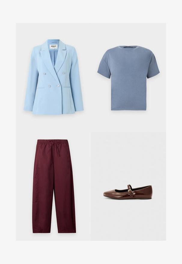 Lichtblauw double-breasted blazer met zilveren knopen, ingesneden revers en twee voorzakken met pijpen.; T-shirt met korte mouwen en ronde hals in effen gedempte blauwe kleur, plat liggend tegen een witte achtergrond.; Losse, bordeauxrode broek met elastische tailleband en trekkoord, rechte pijpen, zonder zichtbare zakken of patronen.; Bruine gepatineerde leren balletschoen met een vierkante neus en een bandje met een kleine gouden gesp. Gladde textuur, lage hak en minimalistisch ontwerp.