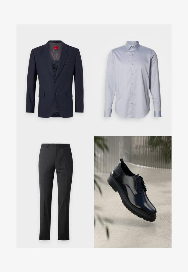Blazer navy de tela suave con un diseño de un solo botón, dos bolsillos frontales y botones negros. Etiqueta de marca roja en el interior.; Camisa de botones de manga larga en azul claro, con un sutil patrón de cuadros, textura suave y cuello clásico; cuenta con cinco botones en la parte delantera.; Pantalones oscuros grises a medida con una textura suave, corte ajustado, frente plano y cinturilla estándar. Presentan pliegues marcados y sin patrones visibles.; Zapato de cuero negro con un acabado brillante, puntera redonda, diseño de cordones, costuras de contraste y una suela de goma gruesa con patrones de tracción.