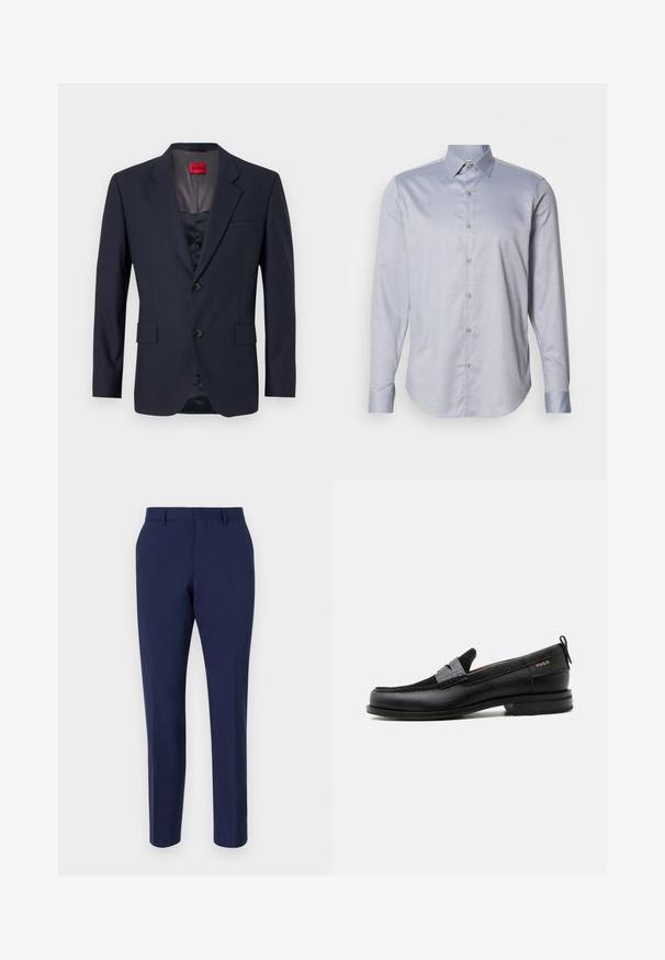 Blazer marine en tissu lisse avec un design à boutonnage simple, deux poches avant et des boutons noirs. Étiquette de marque rouge à l'intérieur.; Chemise boutonnée à manches longues bleu clair avec un motif à carreaux subtil, texture douce et col classique ; comporte cinq boutons sur le devant.; Pantalons ajustés bleu marine en tissu lisse, dotés d'une coupe slim, d'un devant plat et d'une taille standard avec passants de ceinture.; Mocassin en cuir noir avec détail de bride grise, talon bas et semelle texturée, marqué "HUGO" en or sur le côté.