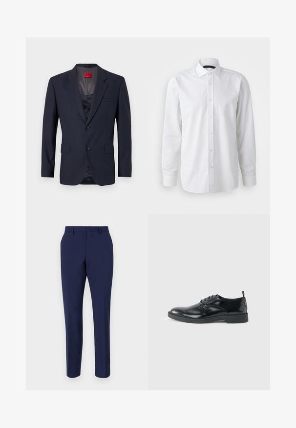 Blazer marine en tissu lisse avec un design à boutonnage simple, deux poches avant et des boutons noirs. Étiquette de marque rouge à l'intérieur.; Chemise blanche à manches longues en coton. Présente un col classique, une fermeture à boutons sur le devant, et une texture lisse avec un léger éclat.; Pantalons ajustés bleu marine en tissu lisse, dotés d'une coupe slim, d'un devant plat et d'une taille standard avec passants de ceinture.; Chaussure habillée en cuir noir brillant avec un petit talon, fermeture à lacets et bout rond, vue de côté sur un fond uni et clair.