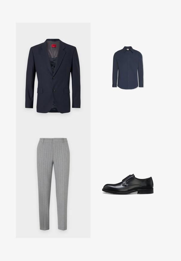 Navy Blazer aus glattem Stoff mit einreihiger Knopfleiste, zwei Vordertaschen und schwarzen Knöpfen. Rotes Markenlabel innen.; Marineblaues Hemd mit langen Ärmeln, Knöpfen, Kragen und Manschetten, mit einem Calvin Klein Etikett im Kragen.; Graue Nadelstreifenhose mit tailliertem Schnitt, flacher Front und Seitentaschen. Hergestellt aus einem glatten Stoff mit einem dezenten Glanz.; Schwarzer polierter Herrenschuh aus Leder mit geschlossenem Schnürsystem, niedrigem Absatz und dezentem Marken-Detail nahe der Ferse auf weißem Hintergrund.