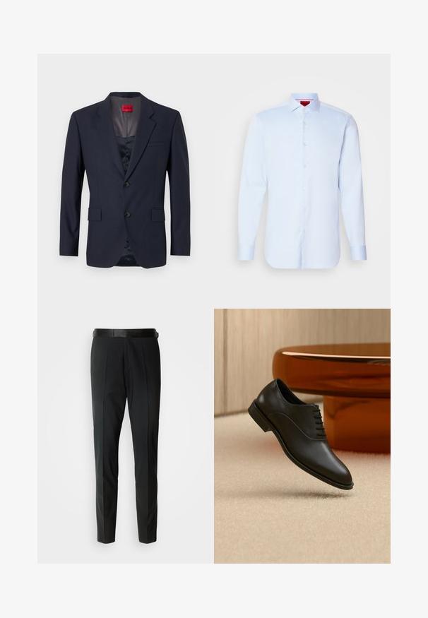 Blazer navy de tela suave con un diseño de un solo botón, dos bolsillos frontales y botones negros. Etiqueta de marca roja en el interior.; Camisa de botones de manga larga en azul claro con cuello extendido, dobladillo redondeado y botones blancos. Tejido suave con un brillo sutil.; Pantalones negros ajustados con una textura suave, que cuentan con un frente plano, sutiles pliegues y un delgado cinturón negro.; Zapato de vestir negro de cuero pulido con cordones flotando sobre una alfombra beige, con una gran mesa de cristal redonda de color ámbar al fondo.