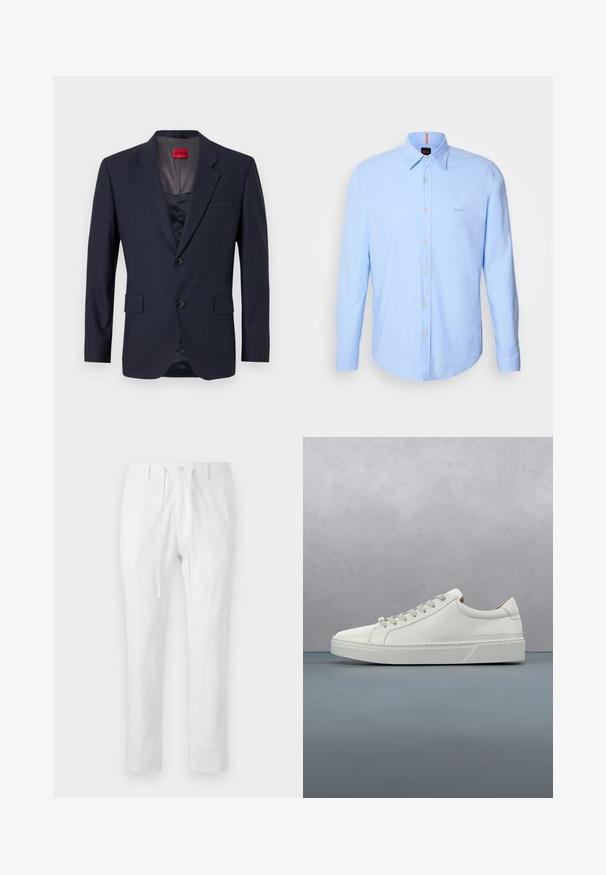 Blazer marine en tissu lisse avec un design à boutonnage simple, deux poches avant et des boutons noirs. Étiquette de marque rouge à l'intérieur.; Chemise à manches longues bleu clair en coton, dotée d'un col button-down, d'une fermeture à boutons à l'avant et d'une broderie logo discrète sur la poitrine.; Pantalons en coton blancs avec une taille élastique, un cordon de serrage et une fermeture à bouton. Design à jambe droite, texture lisse, sans motifs ni accents.; Baskets en cuir blanc avec un bout arrondi, design minimaliste, lacets gris et semelle en caoutchouc gris texturé. Détails de couture subtils visibles.