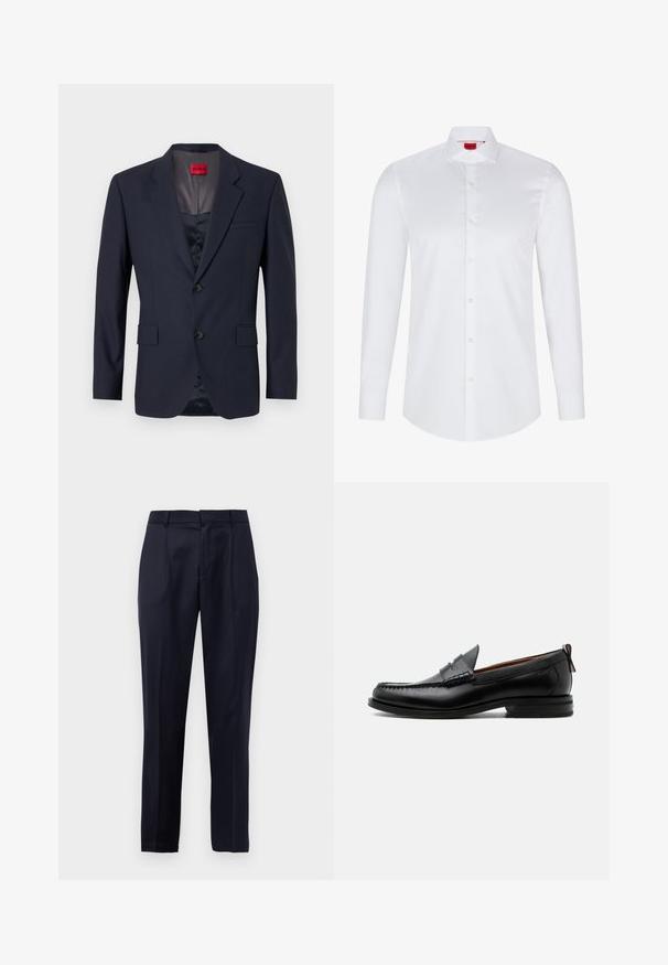 Navy Blazer aus glattem Stoff mit einreihiger Knopfleiste, zwei Vordertaschen und schwarzen Knöpfen. Rotes Markenlabel innen.; Weißes langärmliges Hemd mit Knopfleiste, hergestellt aus glattem Baumwollstoff. Verfügt über einen klassischen Kragen, eine durchgehende Knopfleiste und einen abgerundeten Saum.; Navyblaue maßgeschneiderte Anzughose mit Frontfalten, Gürtelschlaufen und konischem Beinansatz vor einem weißen Hintergrund.; Schwarzer Leder-Herrenschuh mit Mokassinnaht, Penny-Riemen, strukturiertem Kragen und niedrigem gestapeltem Absatz auf weißem Hintergrund.