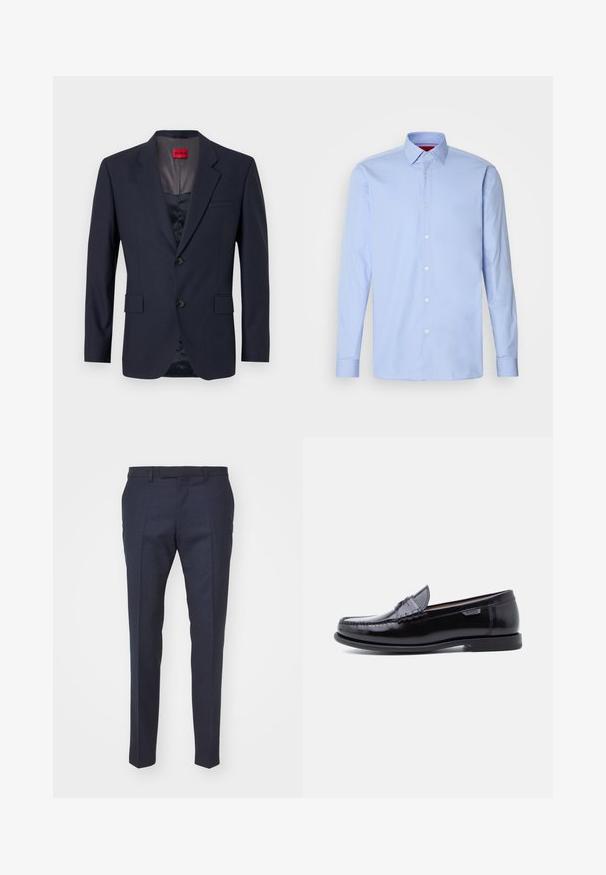 Blazer marine en tissu lisse avec un design à boutonnage simple, deux poches avant et des boutons noirs. Étiquette de marque rouge à l'intérieur.; Chemise à manches longues bleu clair en coton, avec un col classique et une patte de boutonnage devant avec des boutons blancs. Texture lisse.; Pantalons tailleur bleu marine avec une texture lisse, présentant un devant plat, des plis marqués et une coupe élégante, idéaux pour les occasions formelles.; Mocassins en cuir noir avec une finition brillante, présentant un motif cousu sur l'avant-pied et une semelle en caoutchouc noire texturée et basse.