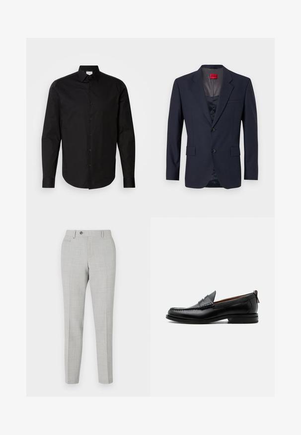 Blazer marine en tissu lisse avec un design à boutonnage simple, deux poches avant et des boutons noirs. Étiquette de marque rouge à l'intérieur.; Chemise à manches longues noire avec boutons, fabriquée en coton lisse. Présente un col classique, des boutons sur le devant et un ourlet arrondi.; Pantalon gris ajusté avec un motif à carreaux subtil, fabriqué en tissu léger. Dispose d'une fermeture à bouton et de poches latérales. Silhouette ajustée.; Mocassin homme en cuir noir avec couture moc toe, bride penny, col texturé et petit talon empilé sur fond blanc.