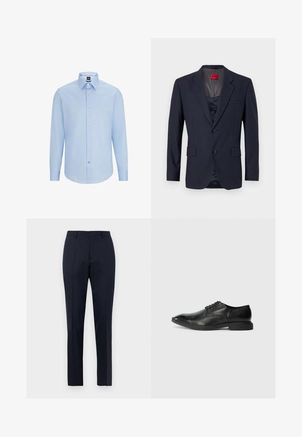Navy Blazer aus glattem Stoff mit einreihiger Knopfleiste, zwei Vordertaschen und schwarzen Knöpfen. Rotes Markenlabel innen.; Himmelblaues, langärmliges Hemd mit Knopfleiste und klassischem Kragen, aus glattem Stoff gefertigt. Mit weißen Knöpfen an der Vorderseite und an den Manschetten.; Marineblaue, maßgeschneiderte Herrenhosen mit subtilen Karomuster, Gürtelschlaufen und Bügelfalte, frontal auf weißem Hintergrund präsentiert.; Schwarze Lederdressschuhe mit glatter Textur, spitzer Zehenform, sechs Ösen-Schnürdesign und niedrigem rechteckigem Absatz. Dezentes Branding-Detail an der Seite.
