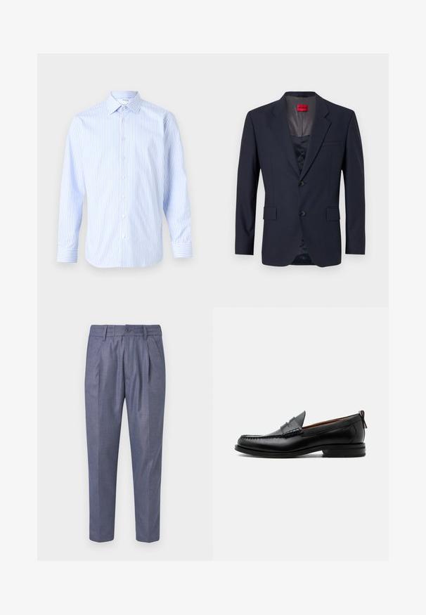 Blazer navy de tela suave con un diseño de un solo botón, dos bolsillos frontales y botones negros. Etiqueta de marca roja en el interior.; Camisa de manga larga a rayas azul claro y blanca con cuello clásico, cierre de botones en la parte delantera y puños, hecha de una tela suave.; Pantalones tejidos azul con un corte ajustado, que presentan pliegues delanteros, un cierre de botón y una textura suave. Largo recortado con piernas rectas.; Mocasín de hombre de piel negra con costura moc toe, tira penny, cuello texturizado y tacón bajo apilado sobre fondo blanco.
