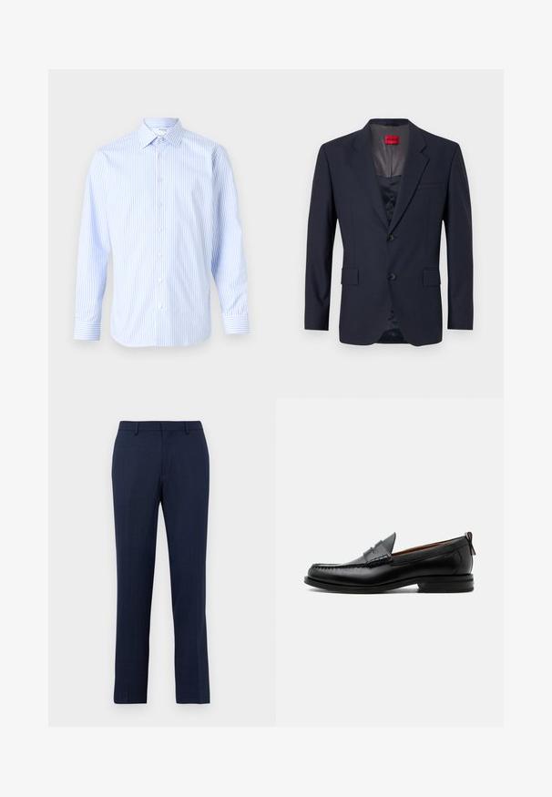 Navy Blazer aus glattem Stoff mit einreihiger Knopfleiste, zwei Vordertaschen und schwarzen Knöpfen. Rotes Markenlabel innen.; Himmelblau und weiß gestreiftes langärmliges Hemd mit klassischem Kragen, Knopfverschluss vorne und Manschetten, aus einem glatten Stoff gefertigt.; Marineblaue maßgeschneiderte Hose mit Gürtelschlaufen, Reißverschluss vorne und geradem Bein, vor einem schlichten weißen Hintergrund.; Schwarzer Leder-Herrenschuh mit Mokassinnaht, Penny-Riemen, strukturiertem Kragen und niedrigem gestapeltem Absatz auf weißem Hintergrund.