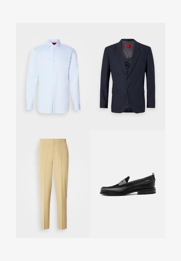 Navy Blazer aus glattem Stoff mit einreihiger Knopfleiste, zwei Vordertaschen und schwarzen Knöpfen. Rotes Markenlabel innen.; Helleblaue Langarmbluse mit Button-Down-Kragen, abgerundetem Saum und weißen Knöpfen. Glattes Material mit einem subtilen Glanz.; Beige maßgeschneiderte Hose mit geradem Schnitt, flachem Frontteil und seitlichen Taschen. Hergestellt aus einem glatten Stoff mit leichtem Glanz.; Schwarzer Lederloafer mit grauem Riemendetail, niedrigem Absatz und strukturierter Sohle, seitlich mit „HUGO“ in Gold gebrandmarkt.