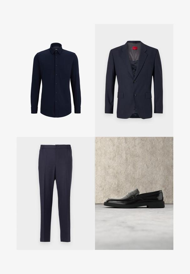 Navy Blazer aus glattem Stoff mit einreihiger Knopfleiste, zwei Vordertaschen und schwarzen Knöpfen. Rotes Markenlabel innen.; Marineblaue Langarmhemd aus gewebtem Stoff, mit klassischem Kragen, geradem Schnitt und vorderer Knopfverschluss.; Navyblaue Hose mit flacher Front, elastischem Bund und Knopfverschluss. Gerader Schnitt und glatte Textur, geeignet für formelle oder legere Anlässe.; Schwarzer, polierter Lederloafer, der über einem beigen Teppich schwebt, mit orangener, durchscheinender Möbel im Hintergrund.