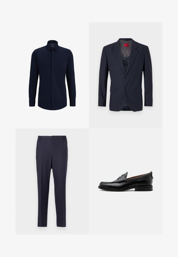 Blazer marine en tissu lisse avec un design à boutonnage simple, deux poches avant et des boutons noirs. Étiquette de marque rouge à l'intérieur.; Chemise à manches longues bleu marine, boutonnée, en tissu tissé, avec un col classique, une coupe droite et une fermeture à boutons sur le devant.; Pantalon bleu marine à devant plat, taille élastique et fermeture à bouton. Coupe droite et texture lisse, adapté pour une tenue formelle ou décontractée.; Mocassin homme en cuir noir avec couture moc toe, bride penny, col texturé et petit talon empilé sur fond blanc.