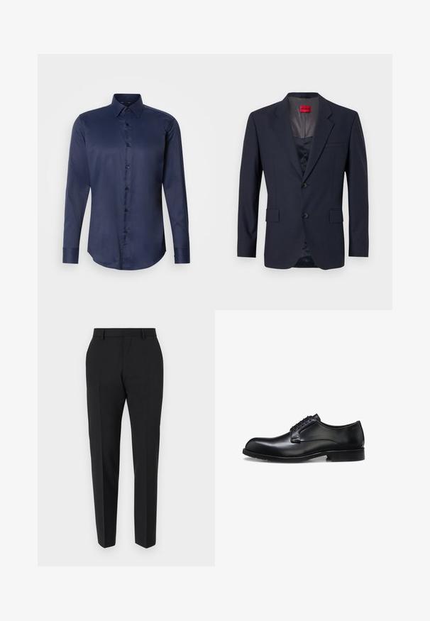 Blazer navy de tela suave con un diseño de un solo botón, dos bolsillos frontales y botones negros. Etiqueta de marca roja en el interior.; Camisa de vestir de manga larga para hombre en azul marino, con cuello puntiagudo y cierre frontal de botones, presentada sobre un fondo blanco liso.; Pantalones negros con un diseño a medida, con frente plano, detalles de pliegue y un corte ajustado. Fabricados con una tela suave para un aspecto refinado.; Zapato de vestir para hombre de cuero negro pulido con cordones cerrados, tacón bajo y detalle sutil de marca cerca del talón sobre un fondo blanco.