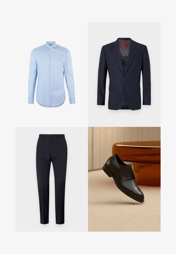 Navy Blazer aus glattem Stoff mit einreihiger Knopfleiste, zwei Vordertaschen und schwarzen Knöpfen. Rotes Markenlabel innen.; Himmelblaues Langarmhemd aus Baumwolle mit spitzem Kragen, Frontknöpfen und abgerundetem Saum. Glatte Textur ohne Muster.; Marineblaue maßgeschneiderte Hosen, mit flachem Frontschnitt, slim fit, mit Gürtelschlaufen und Seitentaschen. Glattes Material mit einem klaren Finish, ohne sichtbare Muster oder Akzente.; Schwarzer Lederschuh mit Schnürsenkeln, der über einem beigen Teppich schwebt, im Hintergrund ein orangefarbener runder Tisch.