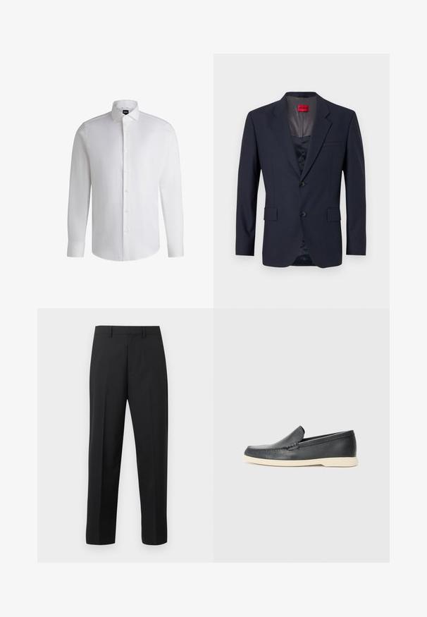 Blazer navy de tela suave con un diseño de un solo botón, dos bolsillos frontales y botones negros. Etiqueta de marca roja en el interior.; Camisa blanca de manga larga hecha de algodón suave, con un cuello clásico, botonera completa y puños abotonados. Diseño minimalista.; Pantalones de vestir negros de pierna recta con presillas para cinturón, pliegue delantero y cremallera en un fondo blanco.; Mocasín negro de cuero sin cordones con suela beige, posicionado en el aire cerca de un revistero de alambre metálico sobre un suelo de terrazo.