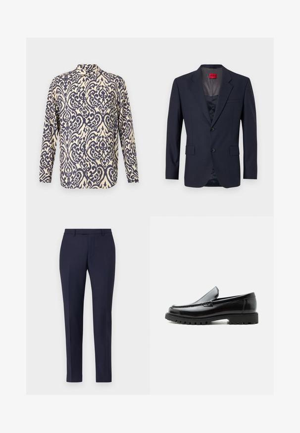 Blazer marine en tissu lisse avec un design à boutonnage simple, deux poches avant et des boutons noirs. Étiquette de marque rouge à l'intérieur.; Chemise à manches longues de couleur crème avec des motifs tourbillonnants complexes en bleu marine, dotée d'un col et d'un design à boutonnière.; Pantalons sur mesure bleu marine au design épuré, à l'avant plat, aux jambes étroites et sans matériel ou motifs visibles. Tissu au texture lisse.; Mocassin en cuir noir avec semelle en caoutchouc épaisse, dessus cousu et nom de marque embossé sur le talon, présenté de profil sur fond blanc.
