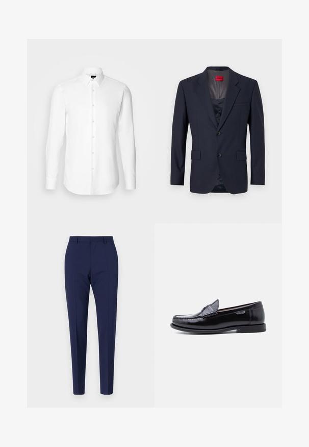 Blazer navy de tela suave con un diseño de un solo botón, dos bolsillos frontales y botones negros. Etiqueta de marca roja en el interior.; Camisa blanca de manga larga, con cierre de botones en el frente, cuello clásico, confeccionada con una tela suave con una textura sutil, diseñada para un ajuste entallado.; Pantalones azul marino a medida con un ajuste slim, que presentan una textura suave, frente plano y piernas con plisados. Sin bolsillos visibles ni adornos.; Mocasines de cuero negro con acabado brillante, que presentan un diseño cosido en la puntera y una suela baja de goma negra texturizada.