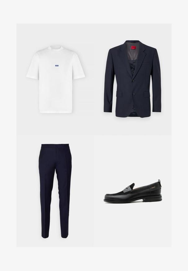 Blazer marine en tissu lisse avec un design à boutonnage simple, deux poches avant et des boutons noirs. Étiquette de marque rouge à l'intérieur.; T-shirt blanc à manches courtes et col rond avec un petit logo rectangulaire bleu "HUGO" centré sur la poitrine.; Pantalons tapered bleu marine avec une texture lisse, présentant un devant plat et des détails de couture latérale pour une apparence ajustée.; Mocassin en cuir noir avec détail de bride grise, talon bas et semelle texturée, marqué "HUGO" en or sur le côté.