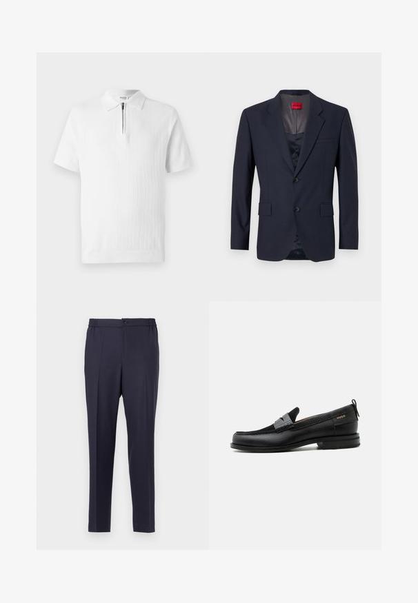 Blazer marine en tissu lisse avec un design à boutonnage simple, deux poches avant et des boutons noirs. Étiquette de marque rouge à l'intérieur.; Polo shirt blanc à manches courtes avec un tricot texturé, doté d'un col zippé et d'un ourlet côtelé. Design épuré adapté à une tenue décontractée.; Pantalon bleu marine à devant plat, taille élastique et fermeture à bouton. Coupe droite et texture lisse, adapté pour une tenue formelle ou décontractée.; Mocassin en cuir noir avec détail de bride grise, talon bas et semelle texturée, marqué "HUGO" en or sur le côté.
