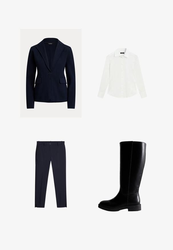 Blazer marine à fermeture à un bouton, avec revers crantés et deux poches avant ; fabriqué en tissu texturé avec une coupe ajustée.; Chemise blanche à manches longues avec col et poignets, présentée à plat sur fond blanc.; Pantalons slim-fit bleu marine foncé pour hommes avec passants de ceinture, poches avant, fermeture à glissière et petites fentes sur le devant des jambes à l'ourlet.; Bottes noires en cuir jusqu'aux genoux avec une texture lisse, bout rond, coutures minimales et semelle en caoutchouc plate. Design simple et élancé.