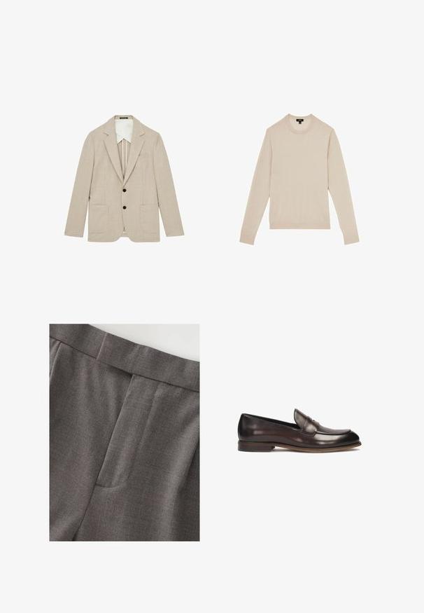 Beige blazer med en struktureret overflade, en-knap design, to forlommer og sorte knapper. Blandet med et kontrasterende hvidt materiale.; Lyse beige langærmet sweater med rund halsudskæring. Fremstillet i blødt stof og med ribbet manchetter og kant. Minimalistisk design uden mønstre.; Grå skræddersyede bukser med en glat tekstur, lige pasform og en diskret detalje med en frontlomme. Taljen er pænt afsluttet.; Mørkebrune læder loafers med en afrundet tå, hævet syning og en let hæl. Glat tekstur og klassisk design.
