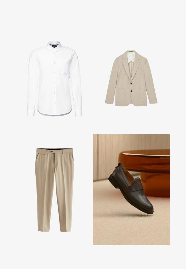 Beige Blazer mit strukturiertem Finish, einreihiges Design, zwei Vordertaschen und schwarzen Knöpfen. Gefüttert mit einem kontrastierenden weißen Material.; Weißes Langarmhemd aus Baumwolle mit einem Button-Down-Kragen, Fronttasche und abgerundetem Saum mit knopfbaren Manschetten.; Beige Anzughose aus glattem Stoff. Hat eine flache Front, zwei seitliche Taschen und einen Knopfverschluss mit Reißverschluss.; Dunkelbrauner Lederloafer mit niedrigem Absatz, der über einem beigen Teppich schwebt, neben einem glänzenden, abgerundeten, bernsteinfarbenen Tisch.