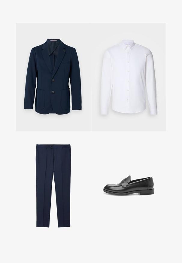 Marineblauwe blazer voor heren met twee voorzakken, twee zwarte knopen, notch lapel en een kleine vierkante speld op de linkerschoft.; Witte langharige overhemd met knopen gemaakt van een gladde stof, met een klassieke kraag, acht knopen aan de voorkant en standaard manchetten.; Marineblauwe, op maat gemaakte broek van een soepele stof. Voorzien van een knoopsluiting, zijzakken en een recht model.; Zwarte leren instappers met een gladde afwerking, ronde neus en een decoratieve band over de voorkant. Platte rubberen zool, klassiek ontwerp.