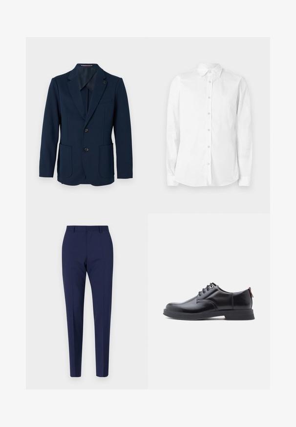 Blazer bleu marine pour homme avec deux poches avant, deux boutons noirs, revers en pointe et une petite épingle carrée sur le revers gauche.; Chemise blanche à manches longues avec boutons, fabriquée en coton. Comprend un col pointu et un petit logo brodé sur la poitrine. Texture lisse.; Pantalon ajusté bleu marine, avec une coupe slim, présentant une texture lisse, un devant plat et des jambes pliées. Pas de poches visibles ni d'embellissements.; Chaussures en cuir noir à lacets avec une texture lisse, un bout arrondi et des détails de couture discrets. Présentent une languette rouge à l'arrière.