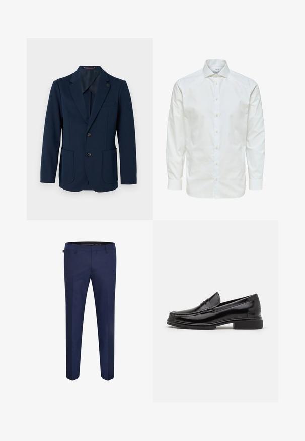 Marineblauwe blazer voor heren met twee voorzakken, twee zwarte knopen, notch lapel en een kleine vierkante speld op de linkerschoft.; Wit overhemd met lange mouwen, knoopsluiting aan de voorkant en puntige kraag, afgebeeld tegen een witte achtergrond.; Marineblauwe op maat gemaakte broek van een gladde stof, met een slanke pasvorm en een vlakke voorkant zonder zichtbare zakken of versieringen.; Zwarte leren instappers met een afgeronde neus, voorzien van een gestikte detail over de wreef, en een lage blokhak. Glad textuur en glanzende afwerking.