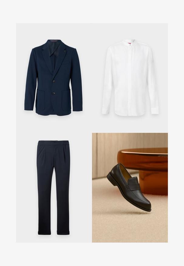 Marineblå herreblazer med to frontlommer, to sorte knapper, notch-lapel og et lille firkantet nål på venstre lapel.; Hvid skjorte med lange ærmer og ståkrave samt skjult knapperække, vist mod en ensartet lys baggrund.; Mørkeblå bukser lavet af blødt stof, med elastisk talje, folder foran og manchetter. Glat tekstur, minimalistisk design.; Sort læder loafers med lav hæl svævende over beige tæppe ved rundt brunt bord.