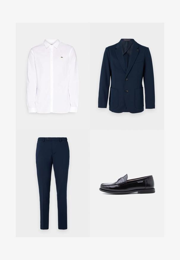 Marineblauwe blazer voor heren met twee voorzakken, twee zwarte knopen, notch lapel en een kleine vierkante speld op de linkerschoft.; Witte lange mouwen shirt van katoen, met een button-down kraag, een groen geborduurd logo op de linkerkant van de borst en rechte mouwen.; Marineblauwe slim-fit broek met riemlussen, knoopsluiting en elastische tailleband, gepresenteerd tegen een witte achtergrond.; Zwarte leren loafers met een glanzende afwerking, voorzien van een gestikt ontwerp op de neus en een lage, zwarte rubberen zool met structuur.
