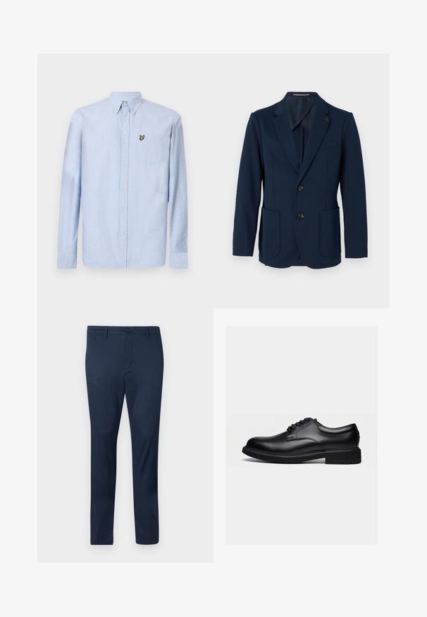 Dunkelblaues Herrenblazer mit zwei vorderen Taschen, zwei schwarzen Knöpfen, Reverskragen und einer kleinen quadratischen Nadel am linken Revers.; Hellblaues Langarmhemd mit Button-Down-Kragen, Brusttasche und gesticktem Logo. Hergestellt aus strukturiertem Baumwollstoff.; Marineblaue Chinos aus glattem Stoff, mit Knopfverschluss, Eingrifftaschen und einem maßgeschneiderten, schmalen Schnitt.; Schwarzer, polierter Lederschuh mit Schnürung und dicker Gummisohle, seitlich auf einem schlichten hellen Hintergrund gezeigt.
