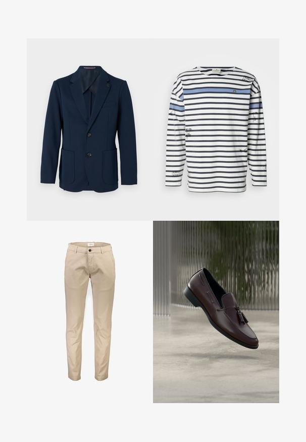 Blazer de hombre azul marino con dos bolsillos frontales, dos botones negros, solapa de muesca y un pequeño pin cuadrado en la solapa izquierda.; Camiseta de manga larga con rayas horizontales en azul marino y blanco, una franja de acento azul y ilustraciones gráficas en la parte delantera y en las mangas.; Pantalones de algodón beige con diseño de pierna recta, que cuentan con bolsillos delanteros, cierre de cremallera y un solo botón. Textura lisa, sin estampados.; Mocasines de cuero marrón con una textura suave, decorados con borlas y un detalle de costura elevada, sobre un fondo minimalista.