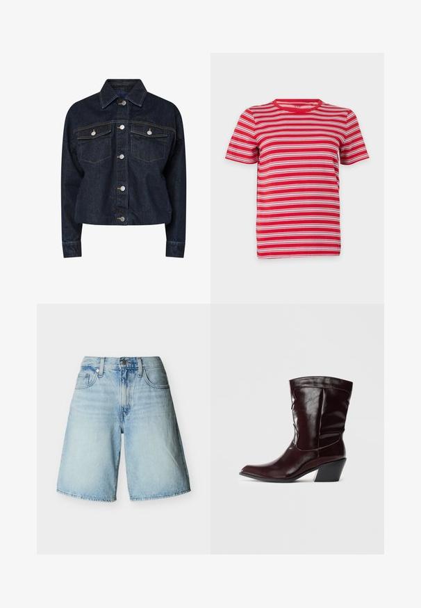 Veste en denim foncé avec un col, dotée de deux poches poitrine, de boutons-pression argentés et de coutures jaunes contrastantes. Silhouette cropped.; T-shirt à manches courtes et col rond avec des rayures horizontales rouges, blanches et roses, présenté sur un fond blanc en style flat-lay.; Shorts en denim bleu clair avec poches avant, passants pour ceinture, fermeture par bouton, et effet délavé.; Bottines en cuir bourgogne avec un bout pointu, une surface texturée et un petit talon effilé. Présente une couture discrète et un ajustement confortable.