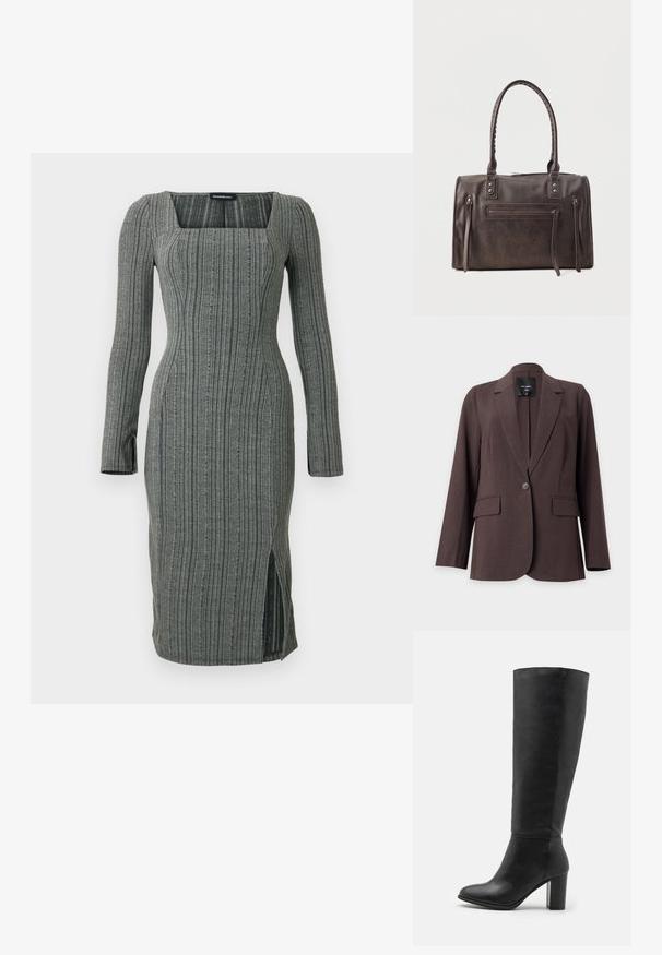 Bruine blazer met één knoop, met inkepingrevers en twee voorzakken met klep, weergegeven op een effen witte achtergrond.; Grijze geribbelde gebreide midi-jurk met lange mouwen, vierkante halslijn, getailleerde taille en zijsplit in de rok.; Zwarte laarzen tot de knie van soepel leer, met een dikke hak en een ronde neus. Minimalistisch ontwerp zonder zichtbare hardware of versieringen.; Donkerbruine leren handtas met dubbele handvatten, een voorvak met rits en twee verticale zijritsdetails op een witte achtergrond.