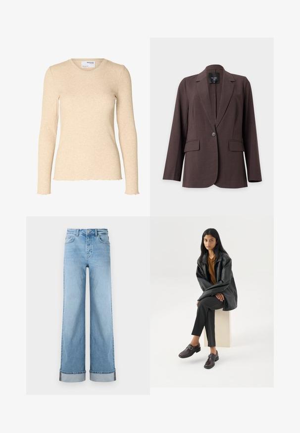 Brun blazer med én knap, med notch revers og to forlommer med klap, vist på en hvid baggrund.; Beige langærmet ribstrikket top med rund halsudskæring og subtile bølgede kanter på ærmer og kant.; Lyseblå, vide jeans i klassisk denim med høj talje, prydet med opbrettede kanter og synlig søm.; Kvinde med langt sort hår siddende på en lys blok, iført en sort læderjakke, brun top, sorte bukser og mørkebrune sko med spænder.