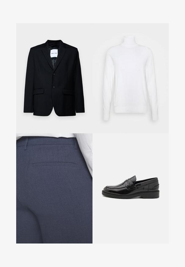 Blazer noir à rayures en tissu lisse, avec un revers cranté, une fermeture à deux boutons et deux poches avant. L'intérieur est doté d'une doublure lisse.; Pull à col roulé blanc avec des manches longues, fabriqué en tissu lisse. Présente un design ajusté et des poignets et un ourlet côtelés. Pas de motifs ni d'accents.; Pantalon bleu marine sur mesure en tissu texturé, avec un devant plat, une poche arrière discrète et des lignes épurées. Sans accessoires ni ornements visibles.; Mocassins en cuir noir avec une finition lisse, un bout rond, un petit talon et descoutures décoratives à l'avant. Semelle en caoutchouc pour l'adhérence.