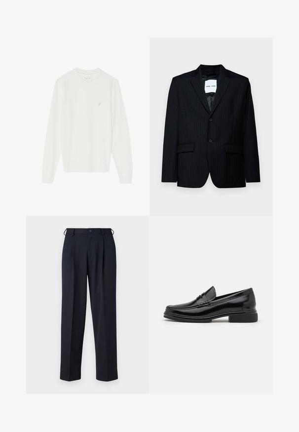 Blazer noir à rayures en tissu lisse, avec un revers cranté, une fermeture à deux boutons et deux poches avant. L'intérieur est doté d'une doublure lisse.; Pull blanc à manches longues en maille douce. Il présente un col rond et un petit motif d'oiseau brodé sur le côté gauche de la poitrine.; Pantalon bleu marine sur mesure avec fermeture devant par bouton et zip, passants de ceinture et poches latérales, présenté sur un fond blanc.; Mocassins en cuir noir avec un embout arrondi, présentant un détail cousu sur le dessus, et un petit talon carré. Texture lisse et finition brillante.