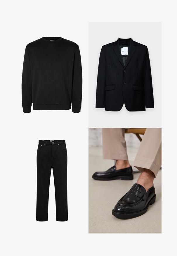 Zwarte pinstripe blazer van soepel materiaal, met een notch lapel, een sluiting met twee knopen en twee frontzakken. De binnenkant heeft een gladde voering.; Zwarte lange mouwen crewneck sweatshirt met geribde boorden en zoom, eenvoudig ontwerp zonder zichtbare logo's of patronen.; Zwarte jeans met rechte pijpen, voorzakken, riemlussen, knoopsluiting en zichtbare stikseldetails.; Zwarte leren loafers met een gladde afwerking, voorzien van een decoratieve band en contrasterende stiksels, gecombineerd met beige broeken.