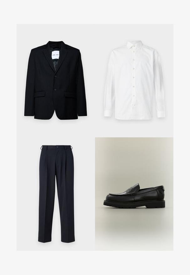 Zwarte pinstripe blazer van soepel materiaal, met een notch lapel, een sluiting met twee knopen en twee frontzakken. De binnenkant heeft een gladde voering.; Wit overhemd met lange mouwen, knoopsluiting, spreidkraag en knoopmanchetten, weergegeven op een effen witte achtergrond.; Donkerblauwe op maat gemaakte broek met knoop- en ritsluiting aan de voorkant, riemlussen en zijzakken, getoond op een witte achtergrond.; Zwarte leren loafer met dikke rubberen zool, penny band detail en gestikte moc toe ontwerp op een neutrale achtergrond.
