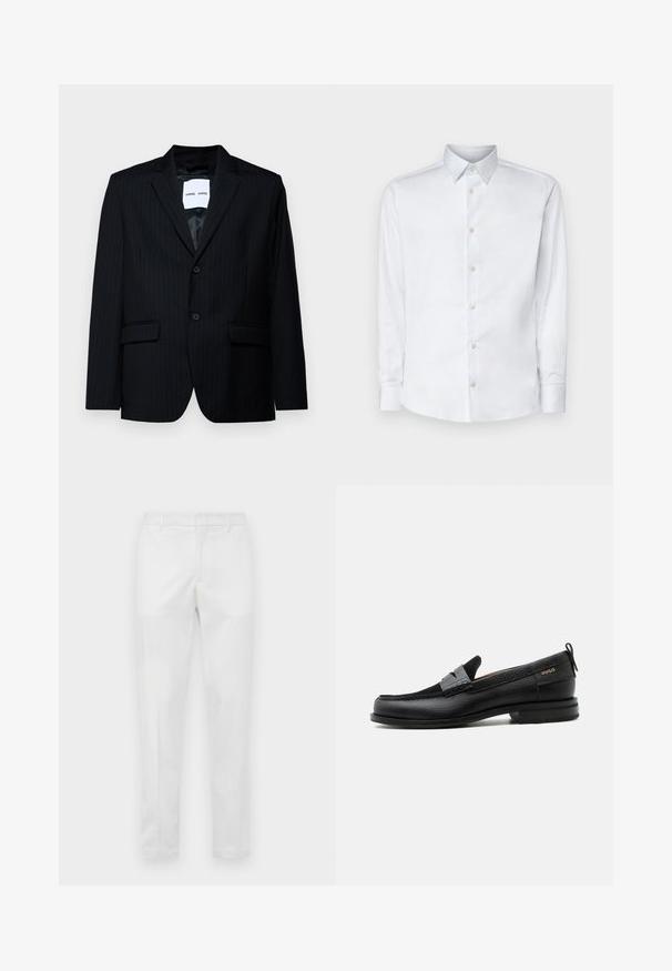Blazer negro a rayas con un tejido suave, que presenta un solapa con muesca, cierre de dos botones y dos bolsillos frontales. El interior tiene un forro suave.; Camisa blanca de manga larga hecha de tela suave, con un cuello clásico, tapeta de botones y puños con botones, presentada sobre un fondo liso.; Pantalones ajustados blancos con passantes para cinturón, cierre de cremallera frontal y bolsillos laterales, exhibidos planos sobre un fondo neutro.; Mocasín de cuero negro con detalle de tira gris, tacón bajo y suela texturizada, con la marca "HUGO" en oro en el lateral.