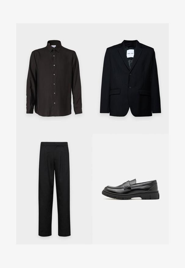 Blazer negro a rayas con un tejido suave, que presenta un solapa con muesca, cierre de dos botones y dos bolsillos frontales. El interior tiene un forro suave.; Camisa negra de manga larga hecha de una tela suave, con un cierre frontal de botones, collar puntiagudo y dobladillo redondeado con botones en contraste.; Pantalones negros de tela suave, con un diseño de pierna recta, dos pliegues frontales y una cintura estándar con trabillas para el cinturón.; Mocasin de cuero negro con una cinta ancha en el empeine, suela de goma con tacos gruesos y textura suave. Diseño clásico y elegante.