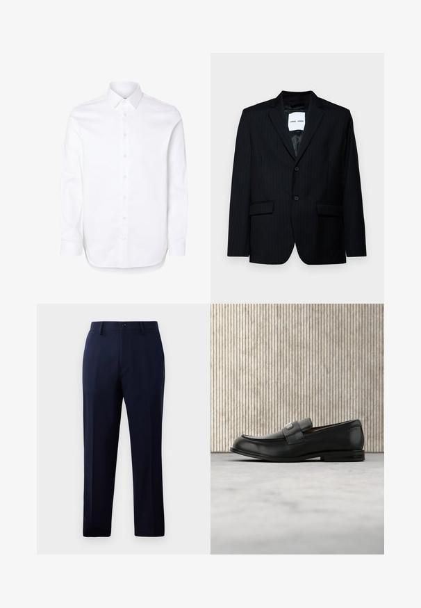 Blazer negro a rayas con un tejido suave, que presenta un solapa con muesca, cierre de dos botones y dos bolsillos frontales. El interior tiene un forro suave.; Camisa blanca de manga larga con cuello clásico y puños abotonados.; Pantalones navy hechos de una tela suave, con un diseño clásico de pierna recta, bolsillos frontales y un cierre de botón en la cintura.; Mocasín de cuero negro con una placa metálica de marca apoyado cerca de una mesa redonda marrón sobre un suelo alfombrado beige.