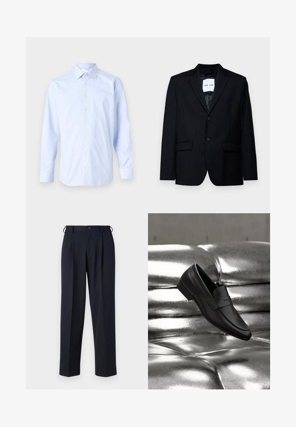 Schwarzer Nadelstreifenblazer aus glattem Stoff, mit einem Reverskragen, zweiknopfigem Verschluss und zwei vorderen Taschen. Das Innenfutter ist glatt.; Himmelblau und weiß gestreiftes langärmliges Hemd mit klassischem Kragen, Knopfverschluss vorne und Manschetten, aus einem glatten Stoff gefertigt.; Marineblaue, maßgeschneiderte Hose mit Knopf- und Reißverschluss vorne, Gürtelschlaufen und Seitentaschen, gezeigt auf weißem Hintergrund.; Schwarzer Ledermokassin-Schuh, positioniert über einem glänzenden metallisch silbernen, gesteppte Kissen Hintergrund.