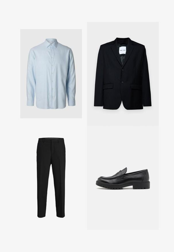 Blazer negro a rayas con un tejido suave, que presenta un solapa con muesca, cierre de dos botones y dos bolsillos frontales. El interior tiene un forro suave.; Camisa de manga larga azul claro hecha de una tela suave, con un cuello clásico y un cierre frontal con botones, compuesto por seis botones a juego.; Pantalones negros de tela suave, con corte recto, lazos para cinturón y un diseño de frente plano sin patrones ni adornos visibles.; Mocasines de cuero negro con punta redondeada, diseño sin cordones y suela de goma gruesa con agarre texturizado. Tacón elevado y detalles de costura sutiles.