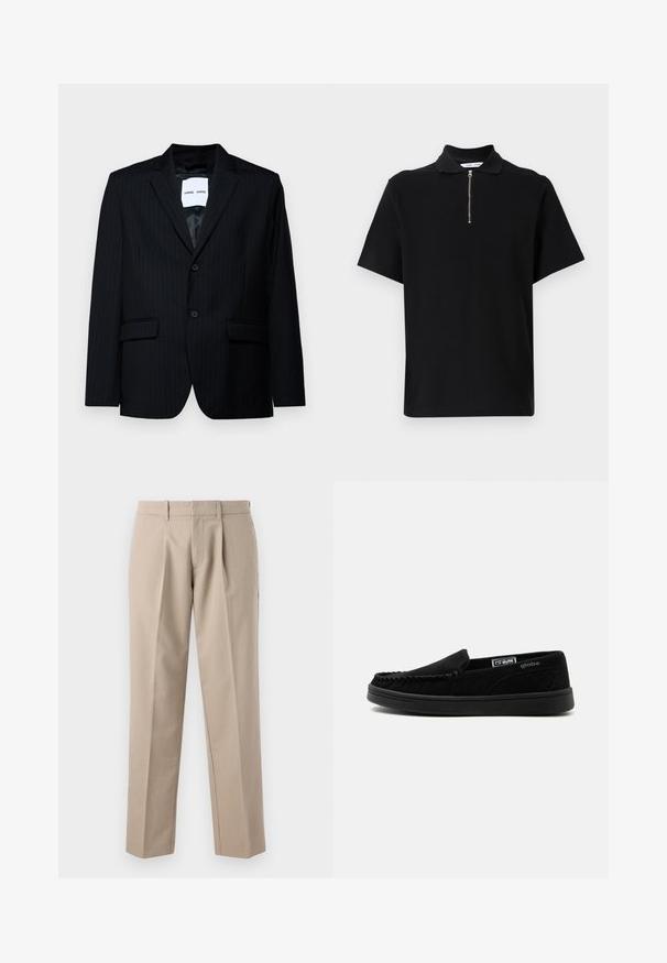 Zwarte pinstripe blazer van soepel materiaal, met een notch lapel, een sluiting met twee knopen en twee frontzakken. De binnenkant heeft een gladde voering.; Zwarte polo met korte mouwen, gemaakt van zachte stof, met een ritssluiting op de kraag en een schone, minimalistische uitstraling zonder extra patronen.; Beige, op maat gemaakte broek met riemlussen, voorplooien en rechte pijpen, weergegeven tegen een witte achtergrond.; Zwarte slip-on casual schoen met gestikt moc toe ontwerp, doorgestikt zijpaneel, rubberen zool en klein merklabel binnenin en aan de zijkant.