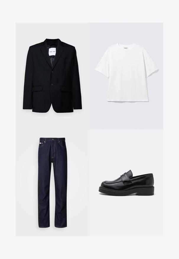 Blazer noir à rayures en tissu lisse, avec un revers cranté, une fermeture à deux boutons et deux poches avant. L'intérieur est doté d'une doublure lisse.; T-shirt blanc oversize à manches courtes, col rond, épaules tombantes, posé à plat sur fond gris clair.; Jean en denim bleu foncé avec une coupe droite, présentant une braguette à boutons, cinq poches et des détails de coutures contrastantes.; Mocassin en cuir noir avec un bout arrondi, des coutures décoratives à l'avant et une semelle en caoutchouc épaisse. Texture lisse avec une finition brillante.