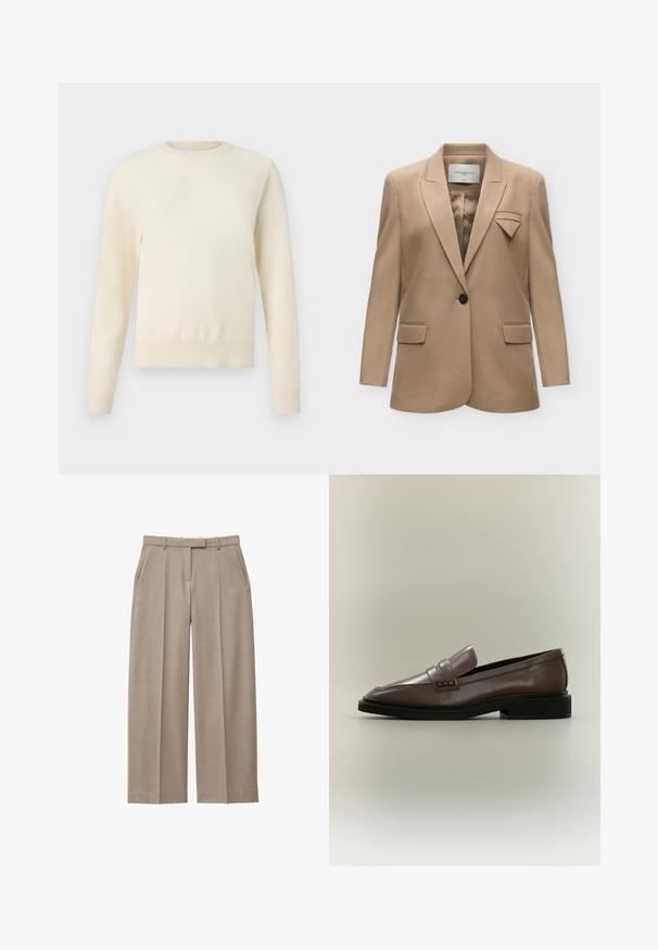 Beige enkeltknap blazer med notch revers, klaplommer og en dekorativ foldet stofdetalje på venstre brystlomme.; Lys cremefarvet sweater med lange ærmer, rund halsudskæring og ribbenet kant. Lavet af et blødt materiale med en glat tekstur.; Beige bukser med brede ben, bæltestropper, forreste læg, sidelommer og skjult lukning foran.; Brun læderslip-on loafer med sort sål og lav hæl, med en remdetalje over vristen.