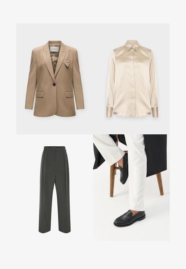 Beige blazer met een enkele knoop, notch-revers, klepzakken en een decoratief gevouwen stofdetail op de linkerborstzak.; Beige satijnen shirt met een puntige kraag, lange mouwen, knoopsluiting en manchet in een iets glanzender afwerking. Geen patronen of accenten.; Grijze wijde broek van gestructureerde stof, met een hoge taille en plooien aan de voorkant. Het ontwerp heeft een gladde tailleband en geen zichtbare sluitingen.; Persoon die zwarte leren loafers en witte broek draagt, zittend op een houten kruk tegen een witte achtergrond.